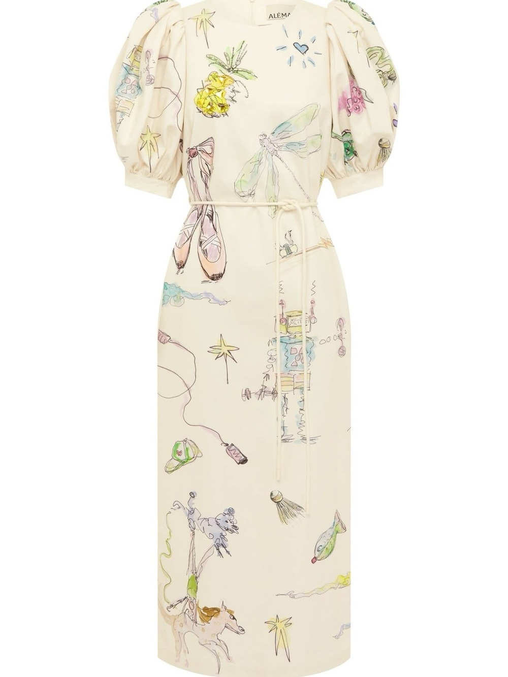 Alemais Cream Puff-Sleeve Midi Dress with Pastel Sketch Print